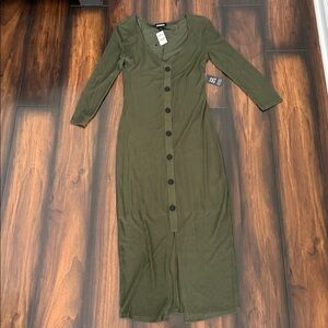 Express Olive Long Sleeve Button-Down Dress
